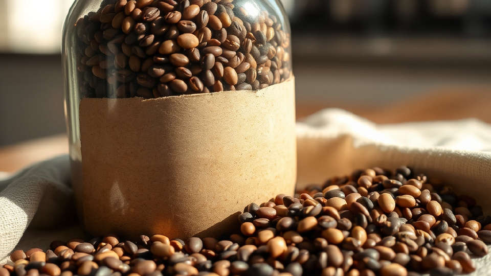 Ceramic jar of lentils and loose beans on linen fabric