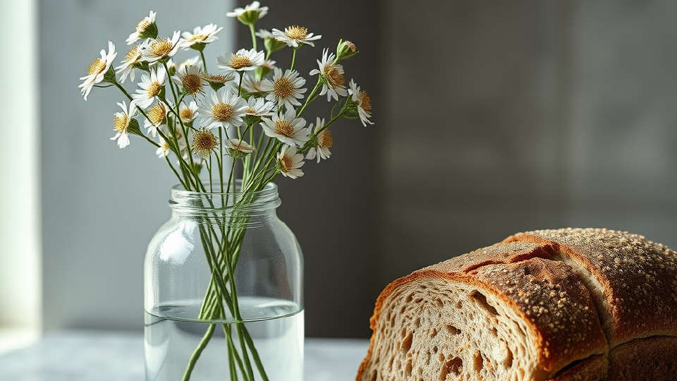 Wildflowers in a vase beside a slice of rye bread