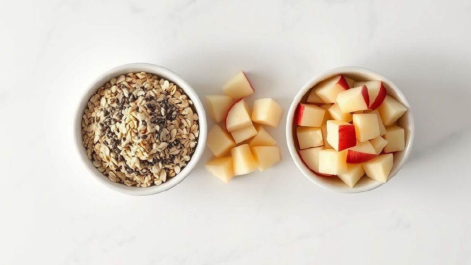 Three bowls of oats, seeds, and apples on marble