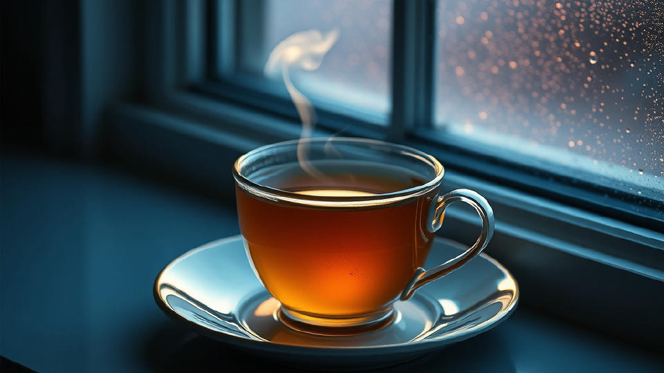 Steaming herbal tea cup on a windowsill at dusk