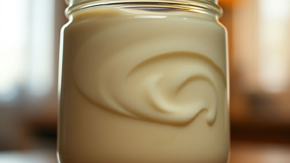 Thick creamy yogurt culture swirling inside a clear glass jar under warm lighting.