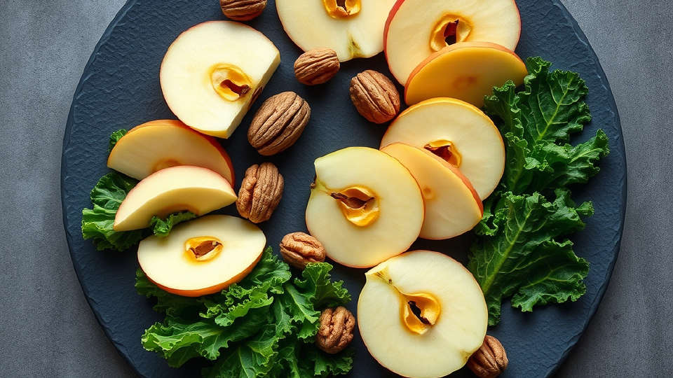 Sliced apples, walnuts, and kale leaves arranged on a dark slate plate.