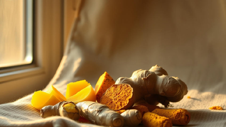 Fresh ginger and turmeric roots lying on beige linen in golden sunlight.