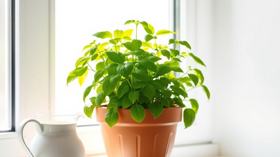 Potted basil plant next to a ceramic water pitcher on a bright windowsill.