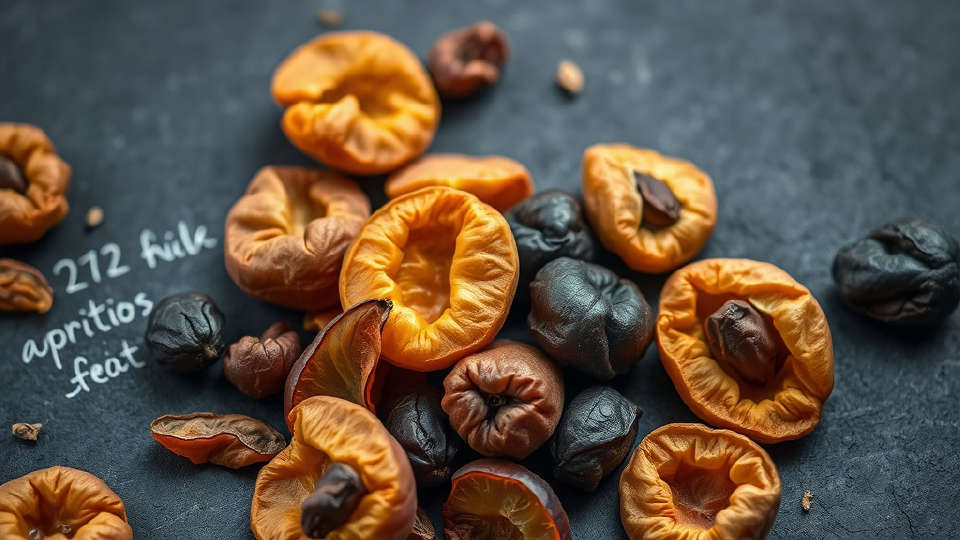 Dried apricots and prunes scattered on dark slate under low-key dramatic lighting