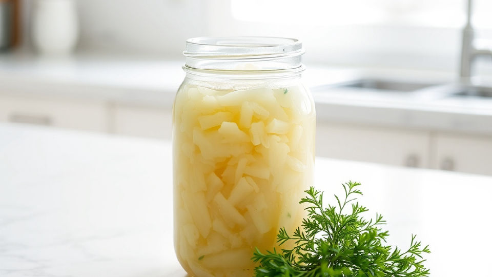 Glass jar of sauerkraut next to fresh dill on white marble in bright daylight