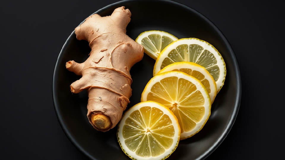 Sliced ginger and lemon wedges on a matte black plate with high-contrast side lighting