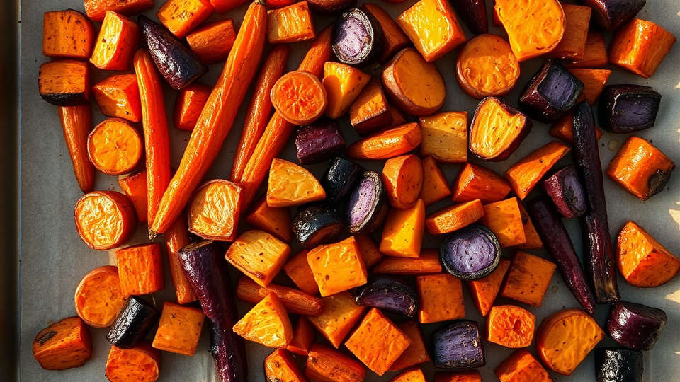 Roasted carrots and sweet potatoes on a baking sheet bathed in golden hour sunlight