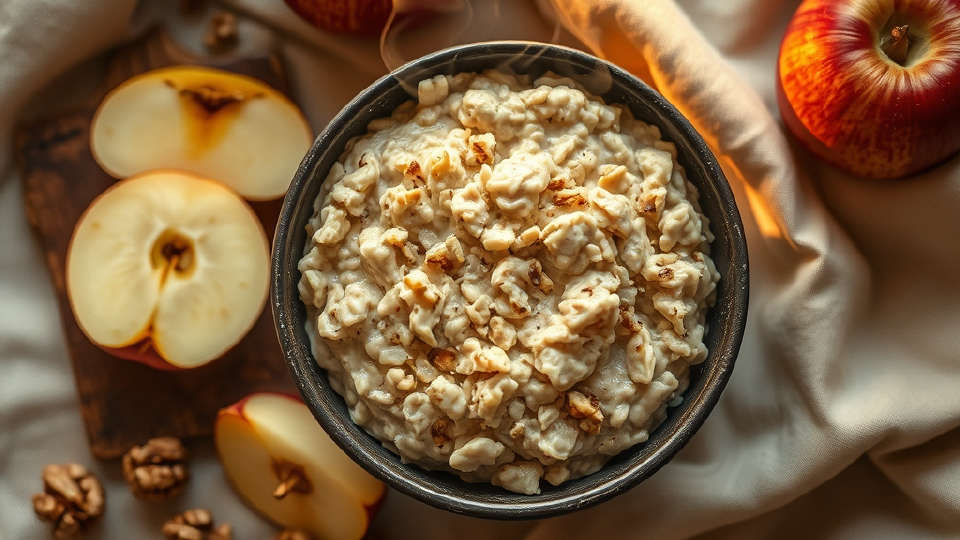Steaming oatmeal bowl with apple slices and walnuts on linen under warm light