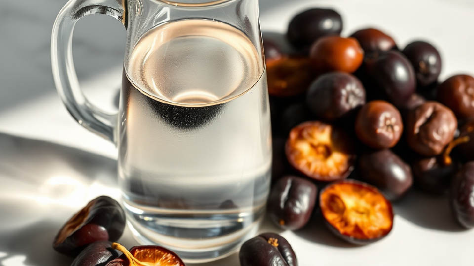 Glass water carafe beside dried plums on marble under cool daylight shadows
