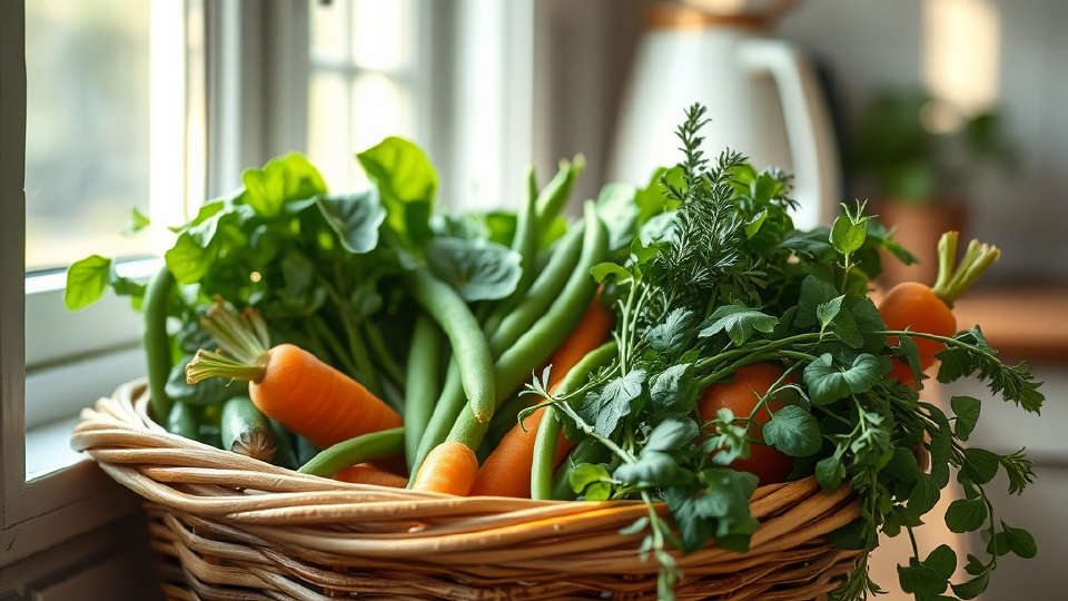Woven basket overflowing with fresh green vegetables near a sunlit kitchen window
