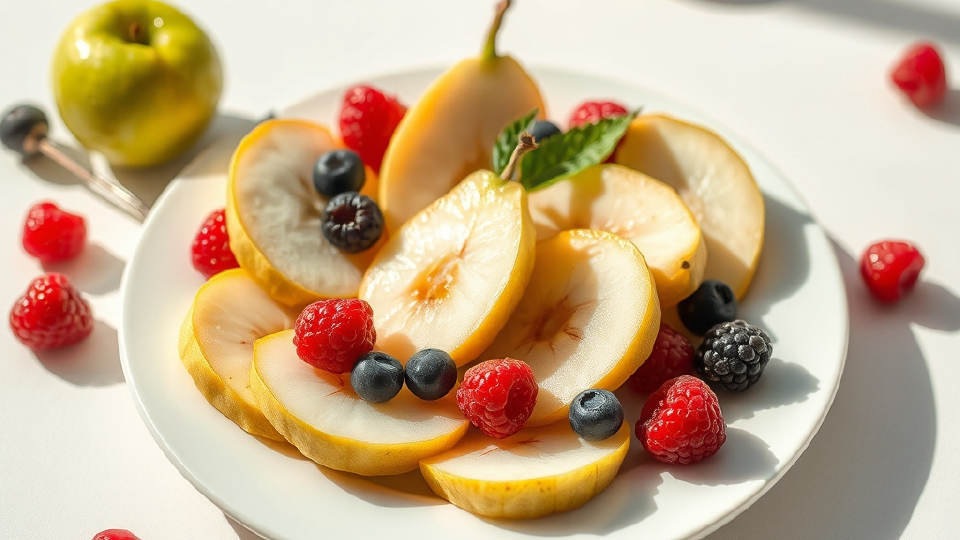 Sliced pears and fresh berries on a white plate in bright daylight.