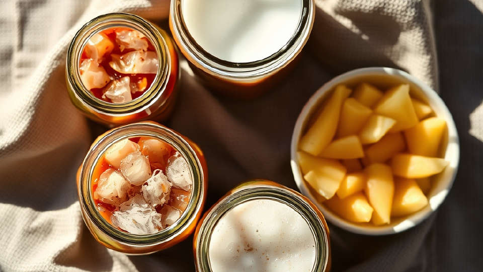 Glass jars of fermented vegetables and a bowl of kefir on linen.