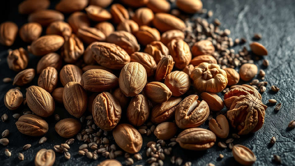 Scattered almonds, chia seeds, and walnuts on dark slate stone.