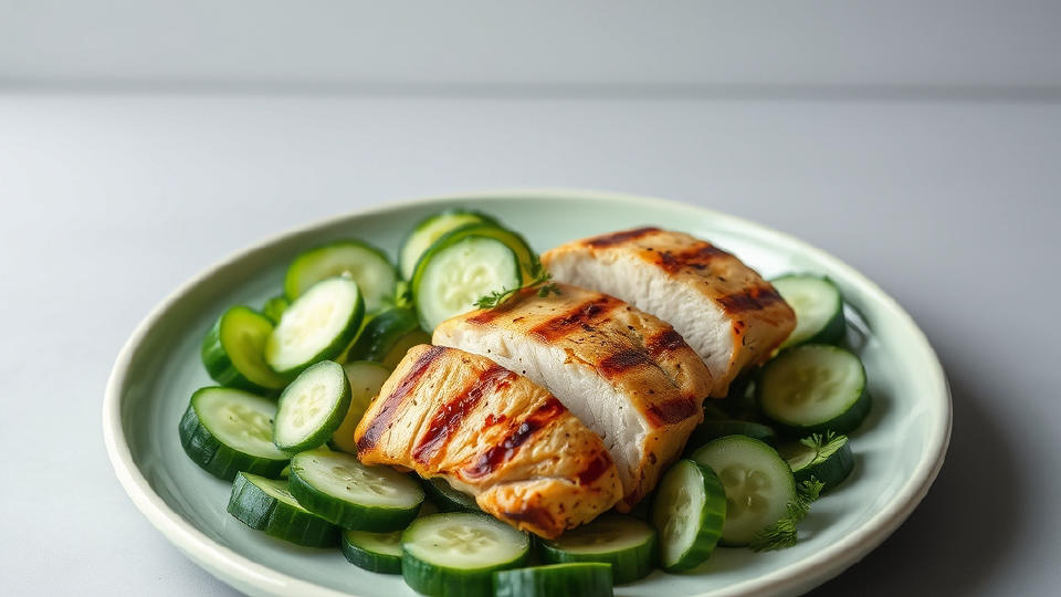 Cucumber slices and grilled chicken on pale green stoneware by a window.