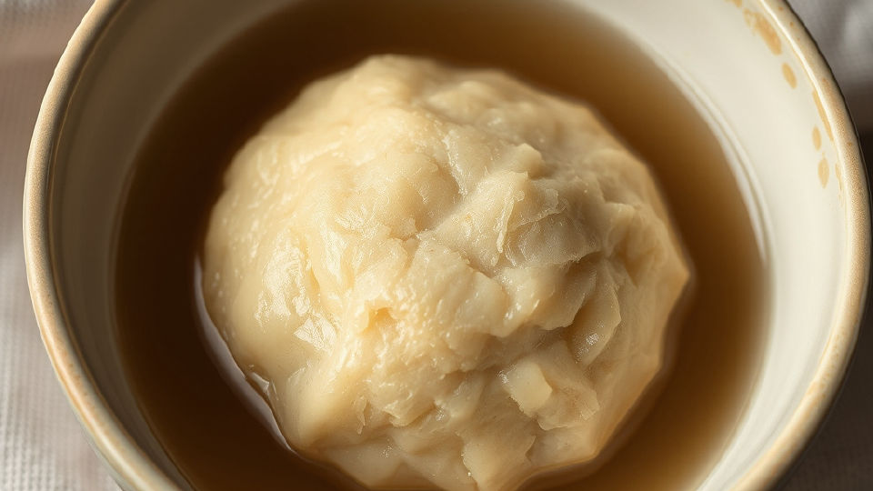 Textured SCOBY culture resting in liquid within a ceramic bowl on linen