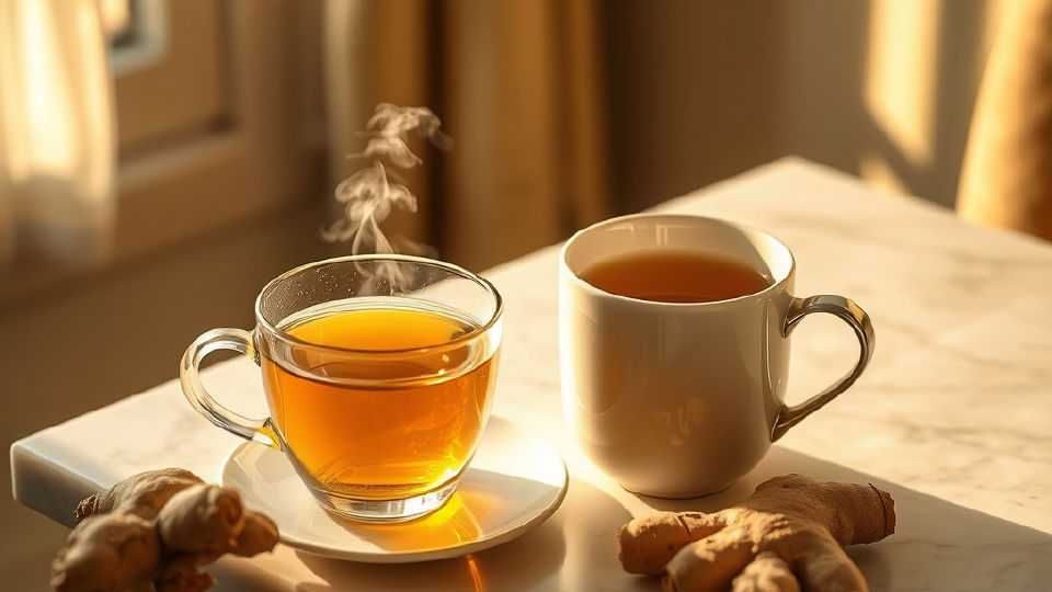 Steaming herbal tea cup and fresh ginger root on warm marble surface