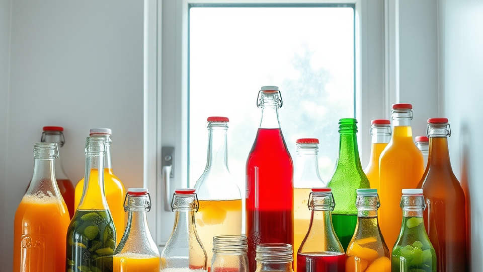 Reusable glass bottles with colorful ferments on a bright sunlit kitchen shelf
