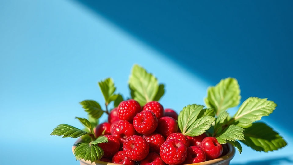 Red berries and green leaves in a ceramic bowl against a cool blue background
