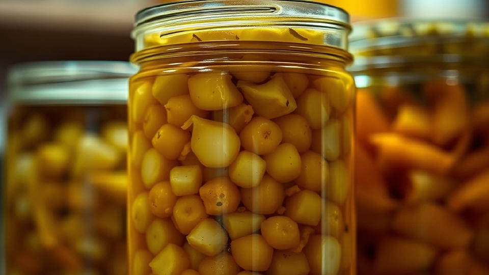 Fermented vegetables in glass jars illuminated by warm dim indoor light