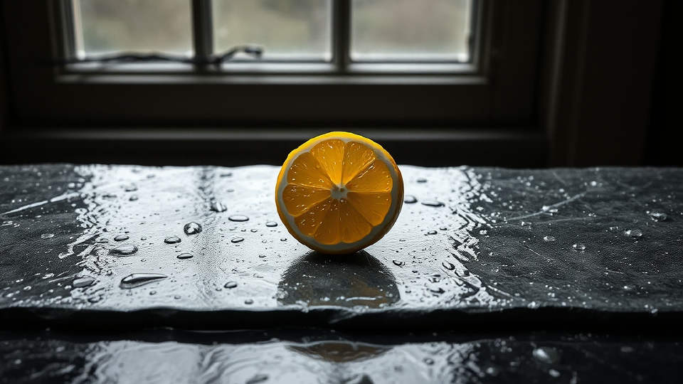 A single lemon slice on a wet stone slab during rainy weather