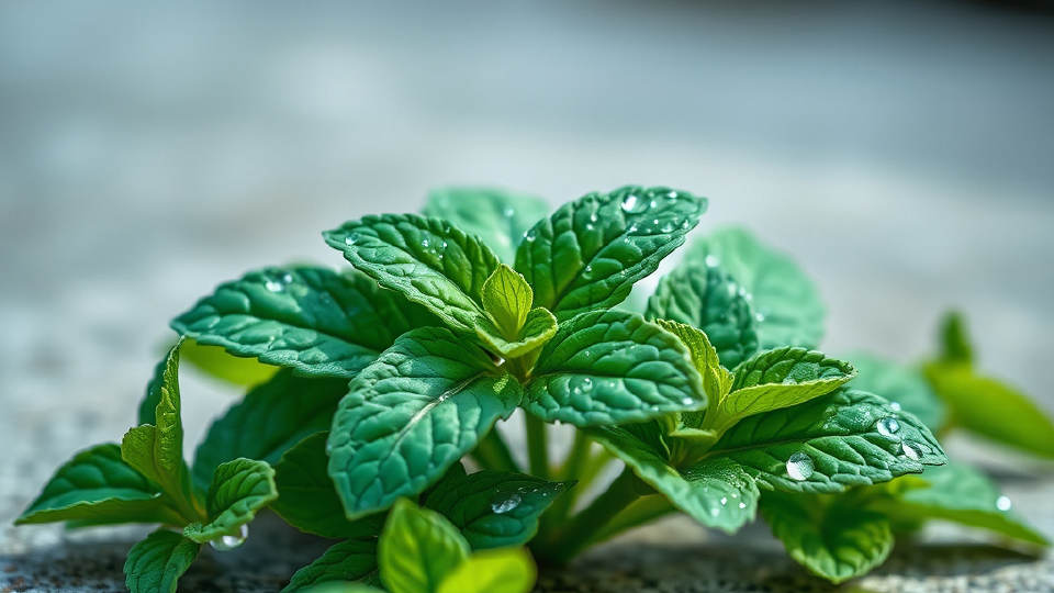 Fresh dew-covered peppermint leaves on a stone surface under cool natural light