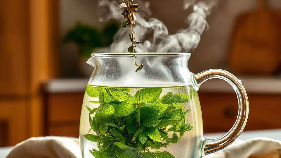 Dried peppermint pouring into a glass teapot with visible steam in a sunlit kitchen