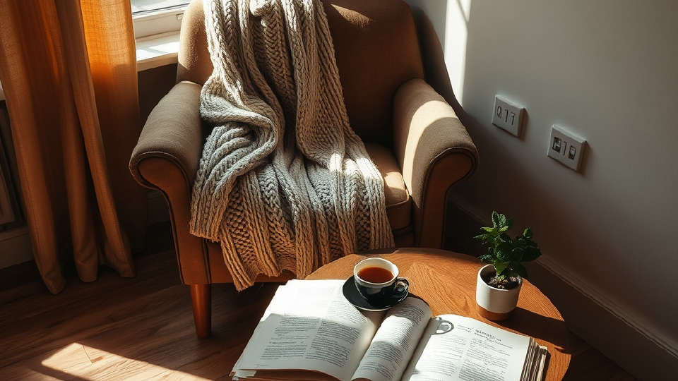 Cozy reading nook with herbal tea, book, and potted mint in warm afternoon light