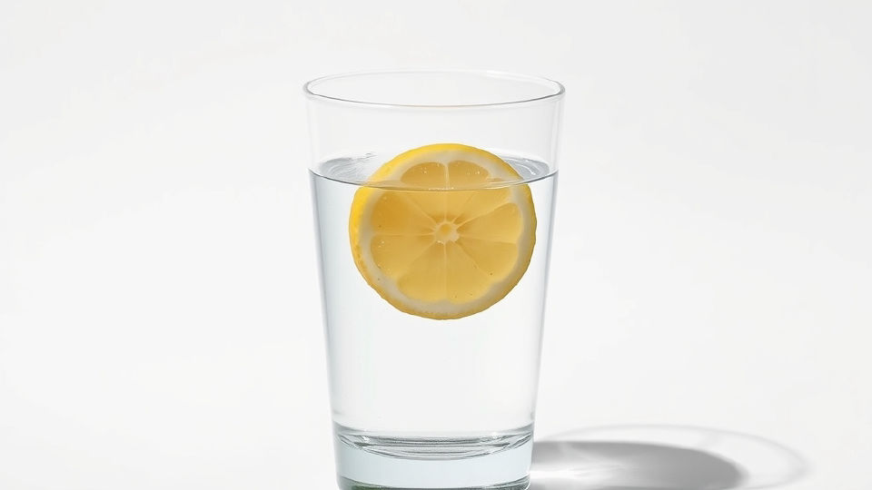Lemon slice and mint sprig in clear water against a white background with sharp shadows