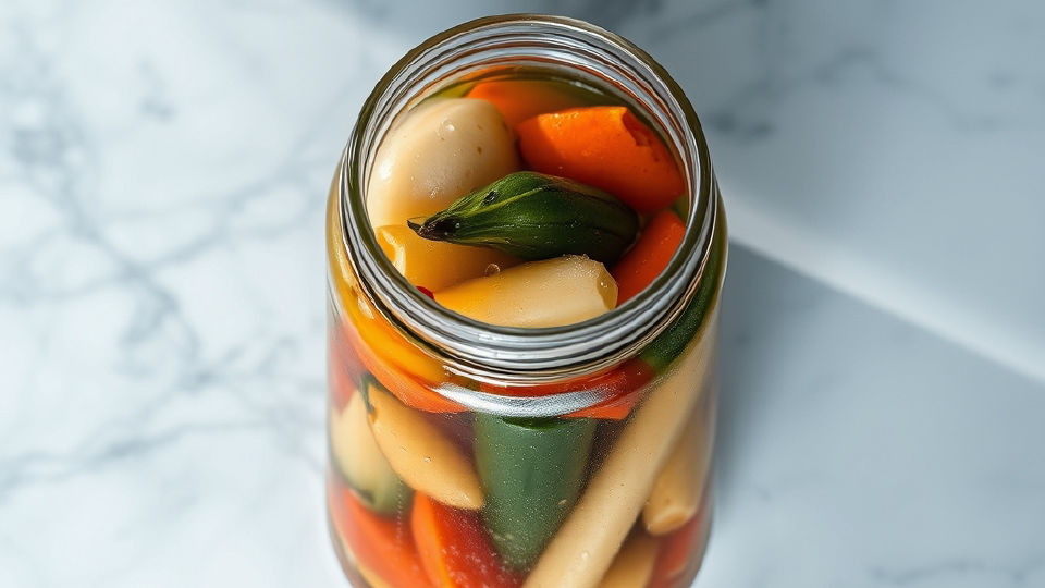 Glass jar of fermented vegetables on marble with cool blue lighting