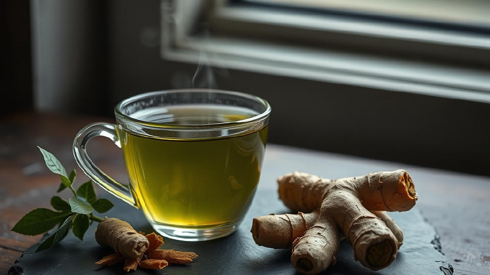 Steaming herbal tea and fresh ginger roots on dark slate stone