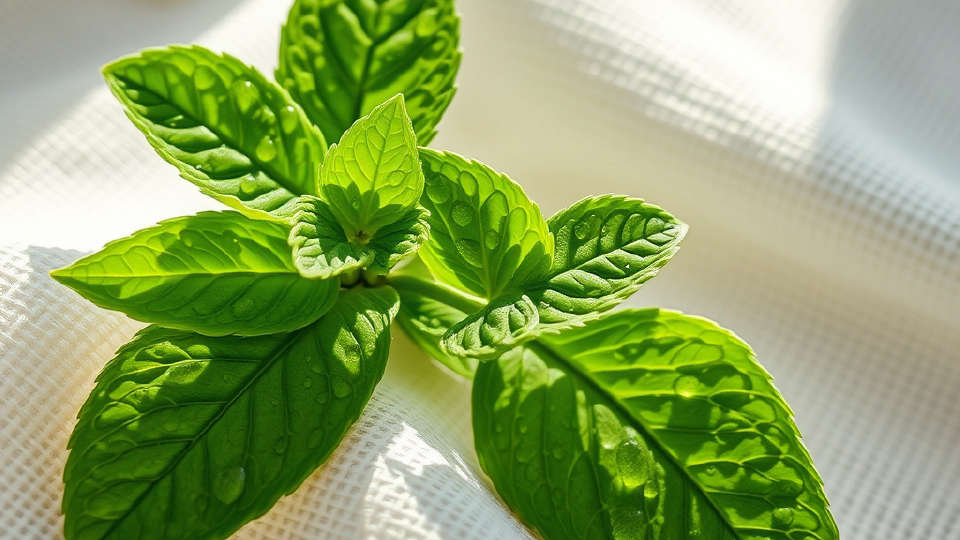Vibrant green mint leaves with water droplets on textured linen fabric