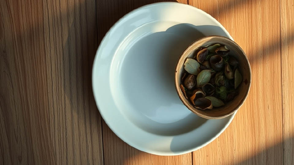 Empty ceramic plate and wilted salad on weathered oak in golden light
